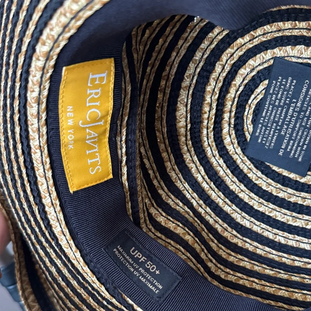 Eric Javits Black and Tan Striped Wide Brim Sun Hat - Picture 2 of 2